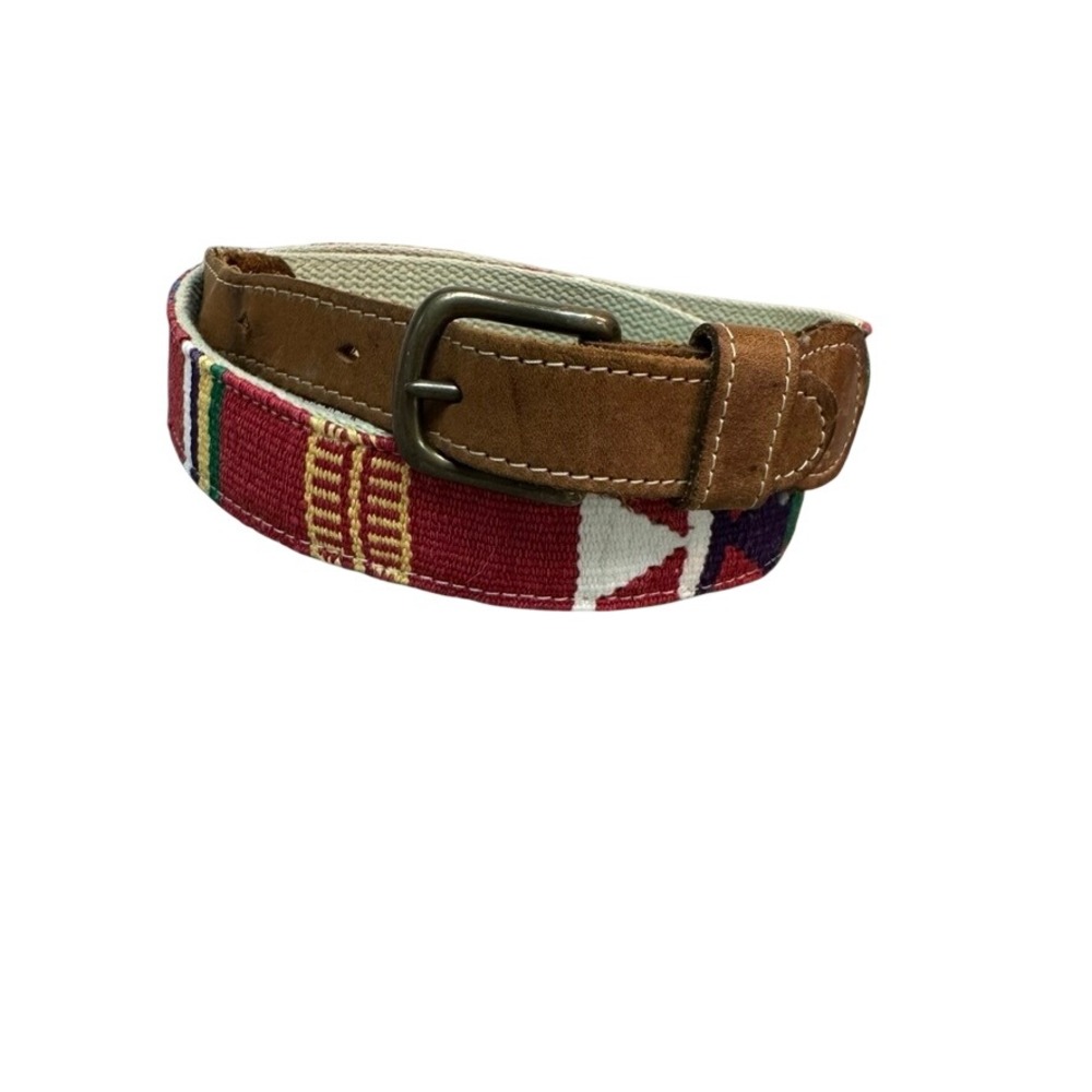 A Tail We Could Wag Belt Mens 36 Woven Mayan Sun Red Leather Brass Buckle Italy
